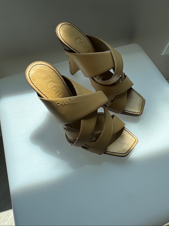 CHANEL Shoes - CHANEL Camel Leather Crisscross Mule Heels